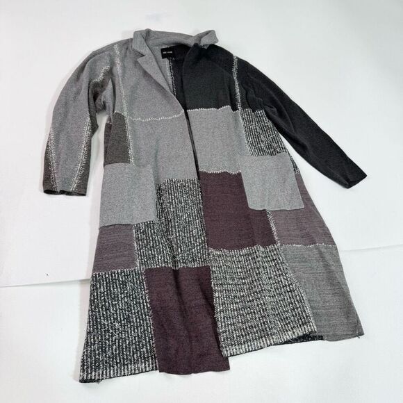 Nic + Zoe Sweater Womens 1X Long Patchwork Duster Knit Cardigan Gray Maroon - Picture 1 of 7